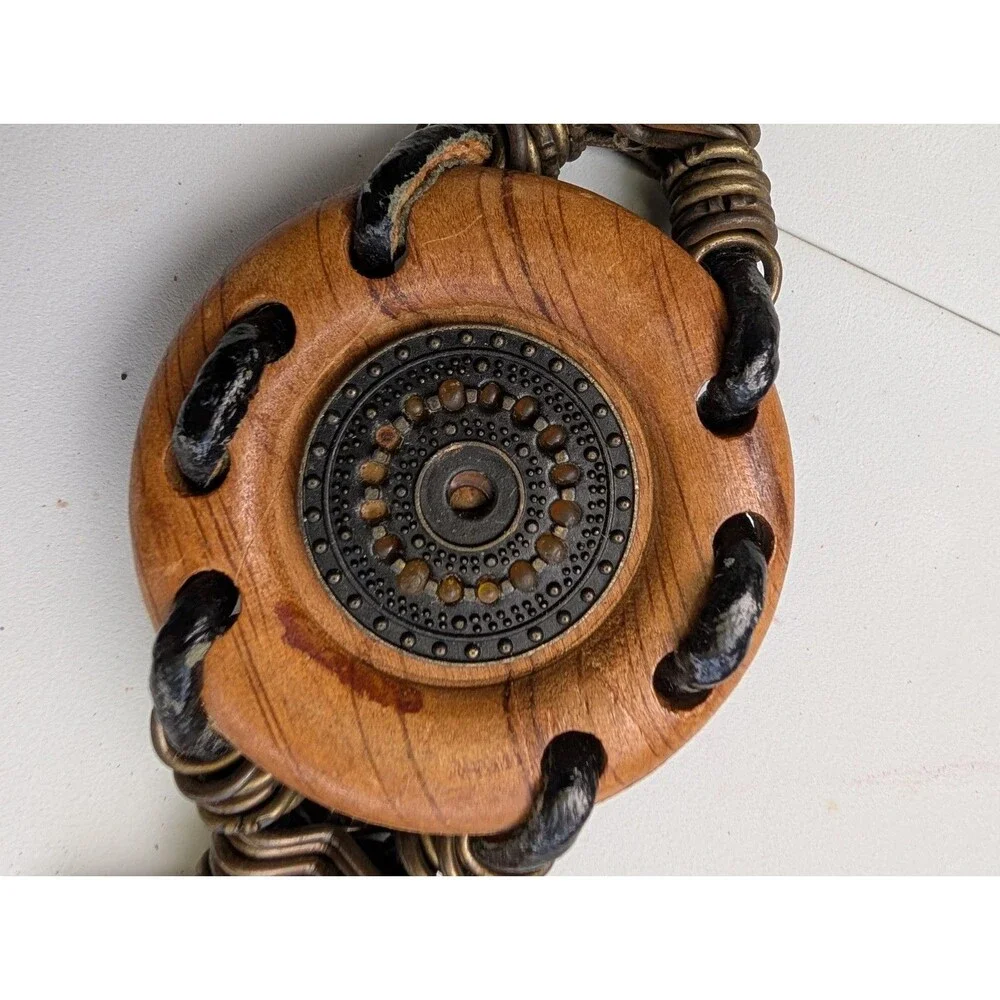 Vintage Artisan Wood Metal Coil Statement Belt Adjustable Boho Ethnic 38-50